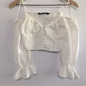 Zara White Eyelet Off-Shoulder Ruffle Cropped Top Size XS